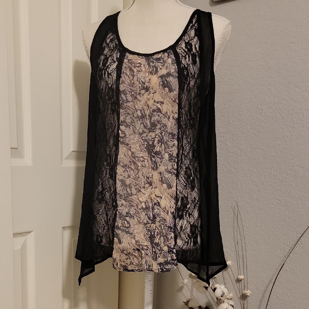 Black and Cream Lace And Chiffon Women's Top